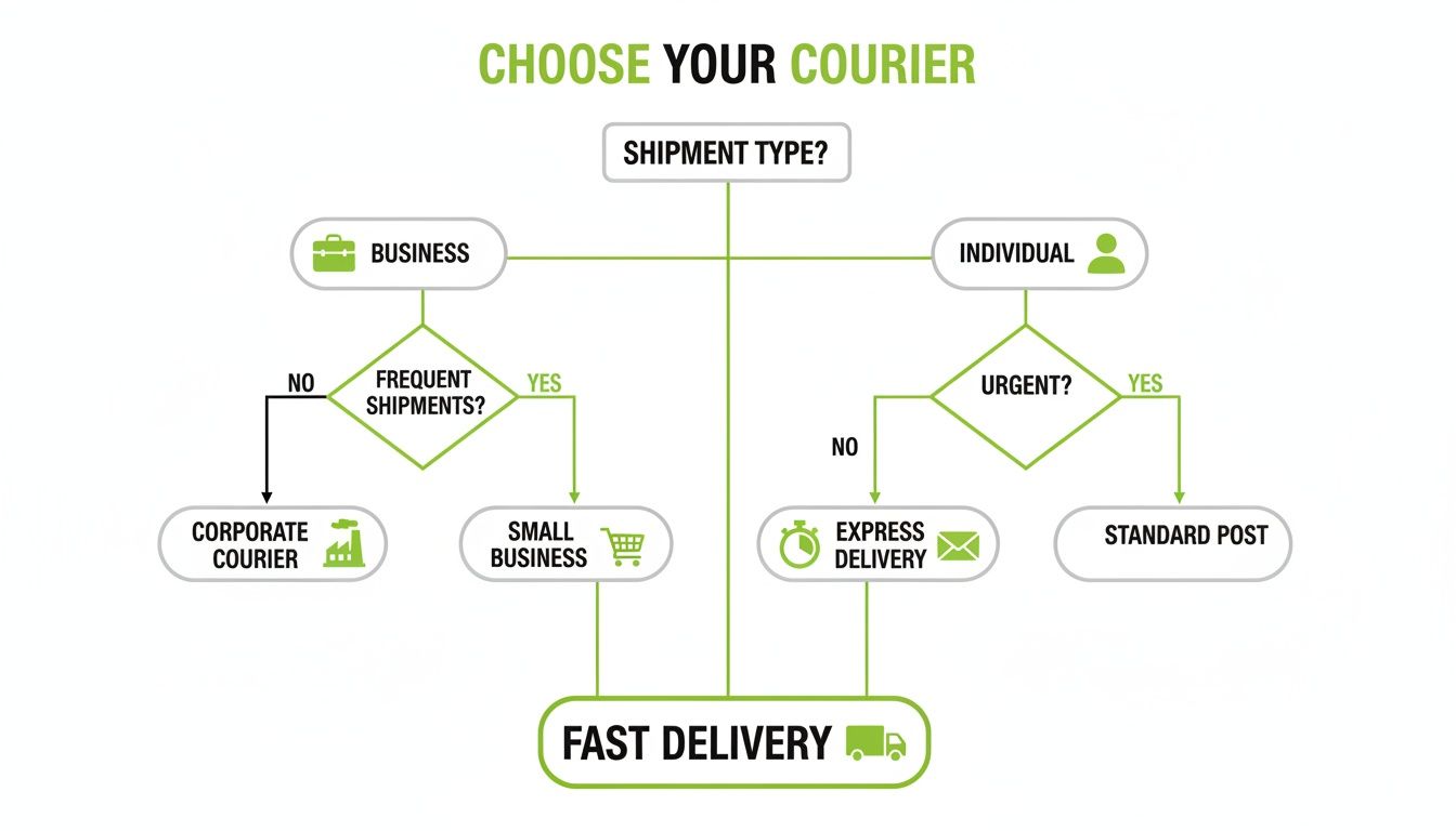 A green and black flowchart titled 'Choose Your Courier' showing shipment type options.