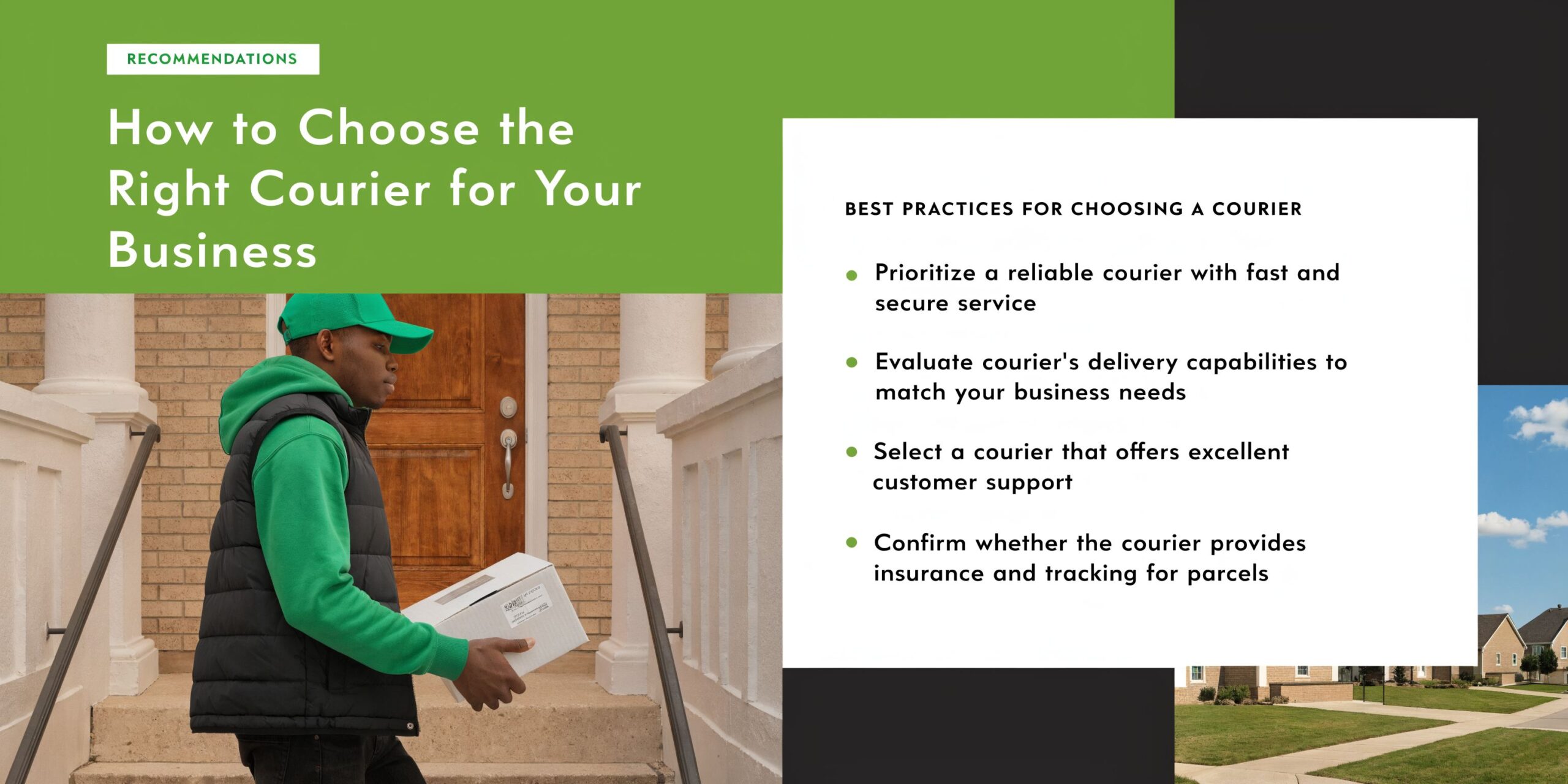 A delivery courier in a green uniform delivering a package to a house for business shipping needs.