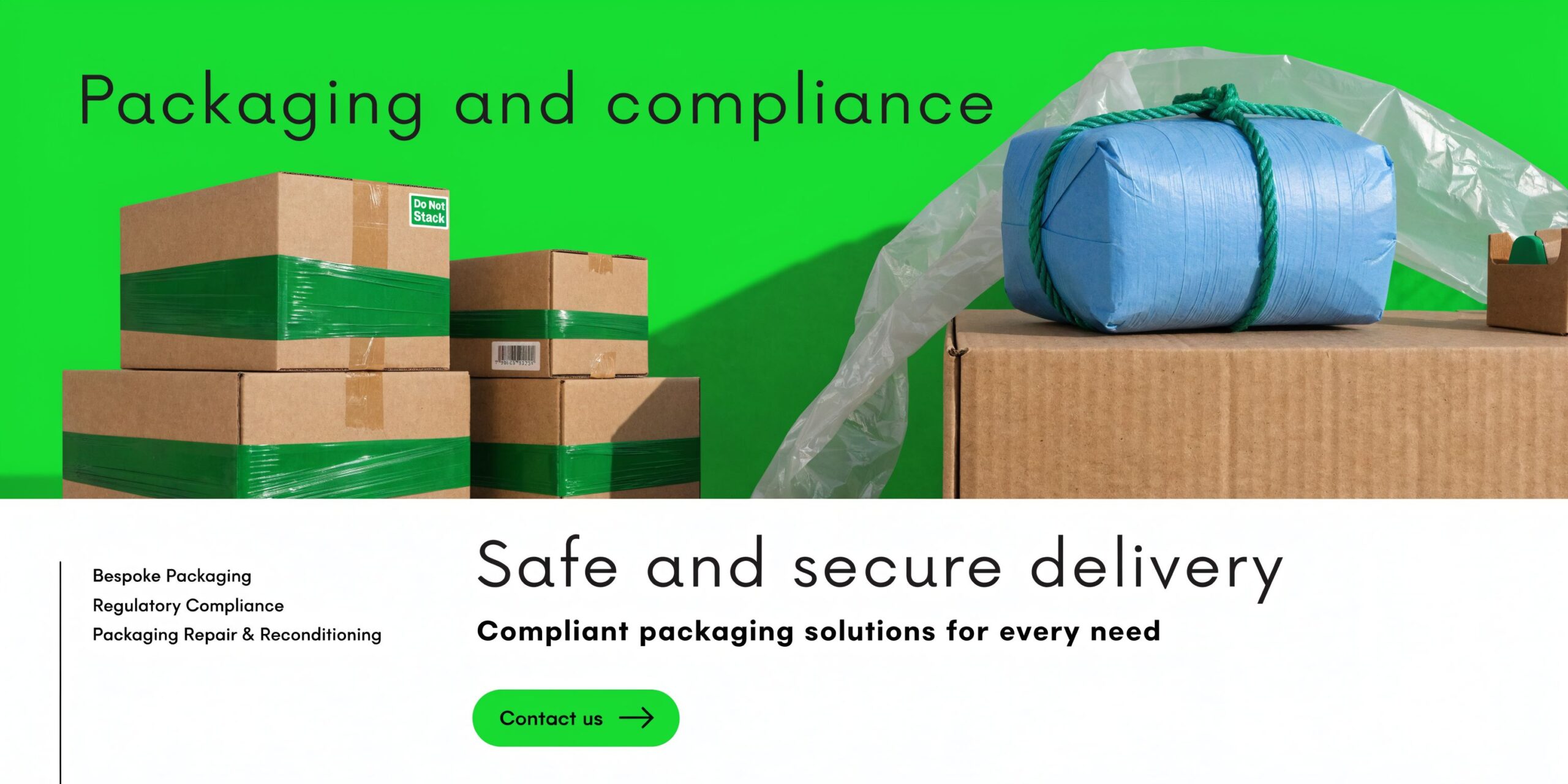 A collection of cardboard boxes and a secured parcel displayed against a bright green background.