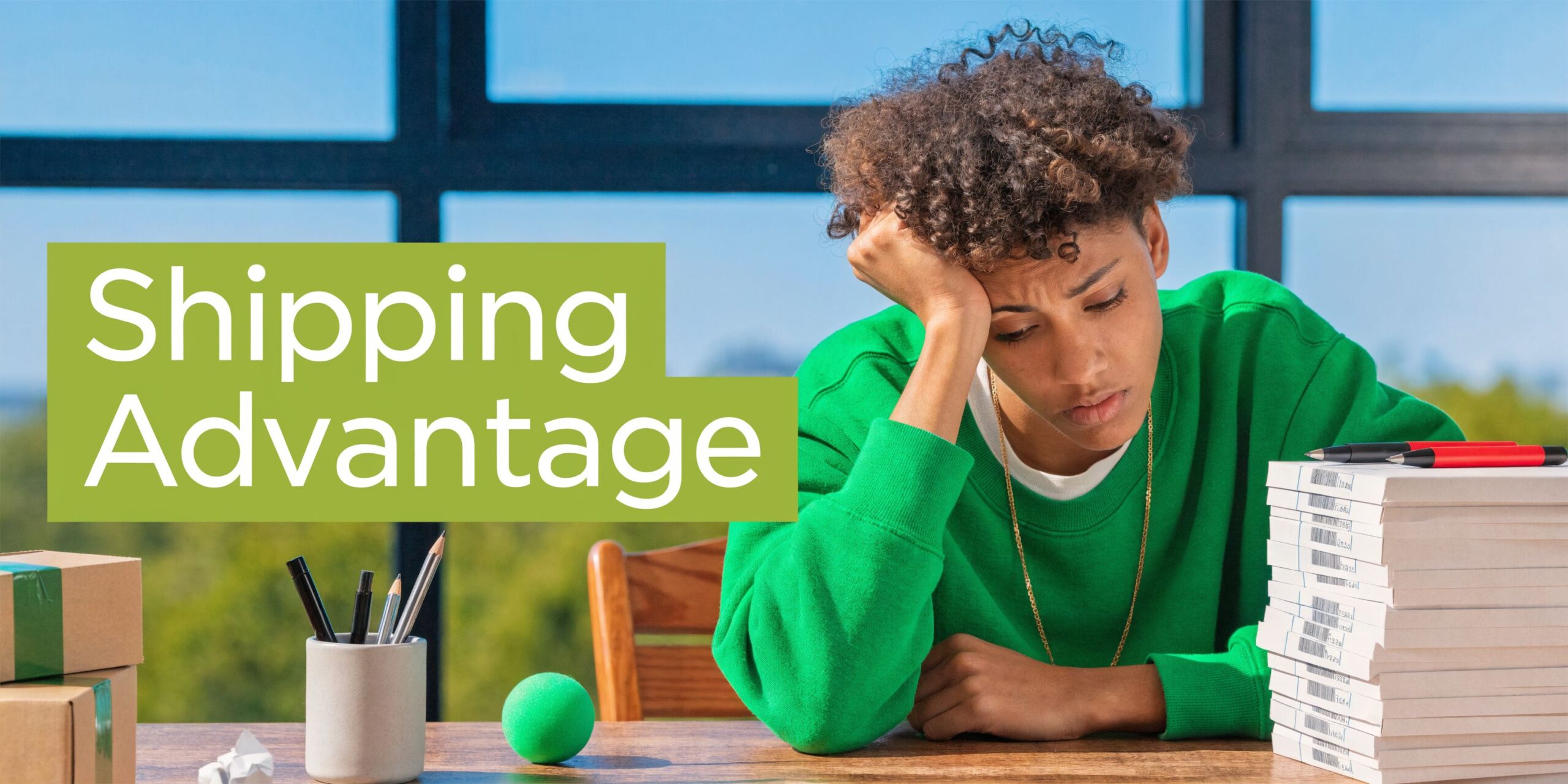 A tired person in a green sweater resting their head while preparing packages for domestic courier services.