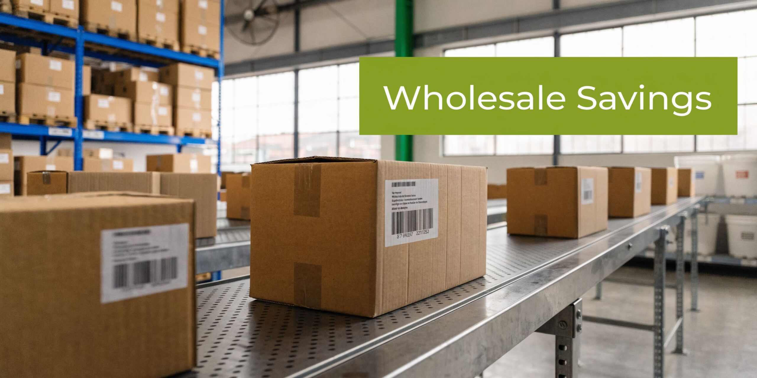 Cardboard boxes moving along a warehouse conveyor belt with warehouse storage racks visible in the background.