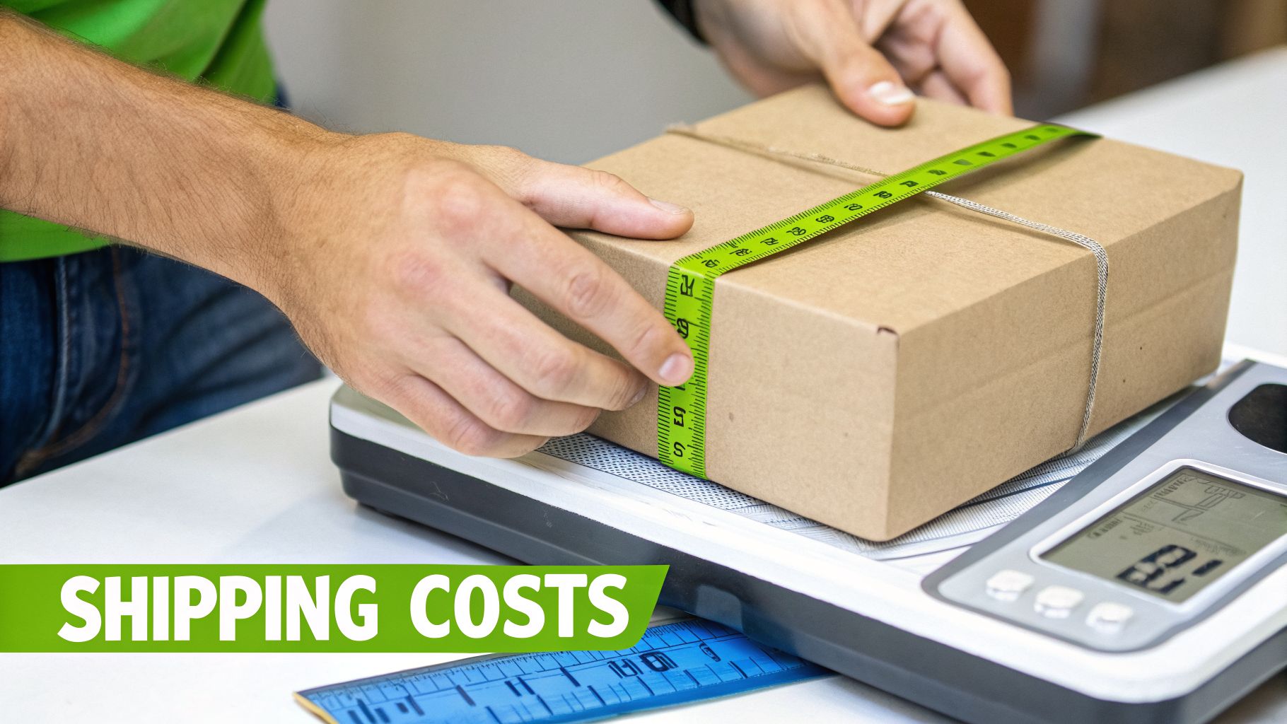 A person measures a cardboard box with a green tape measure on a digital scale.