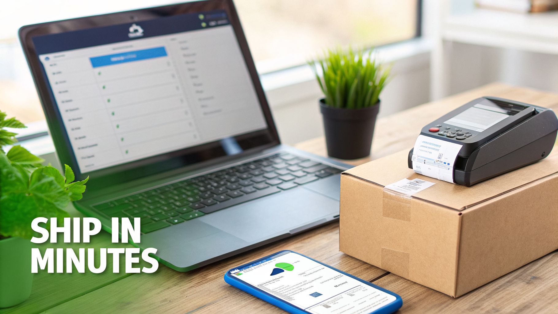 Laptop, smartphone, and label printer on a desk for domestic package shipping.