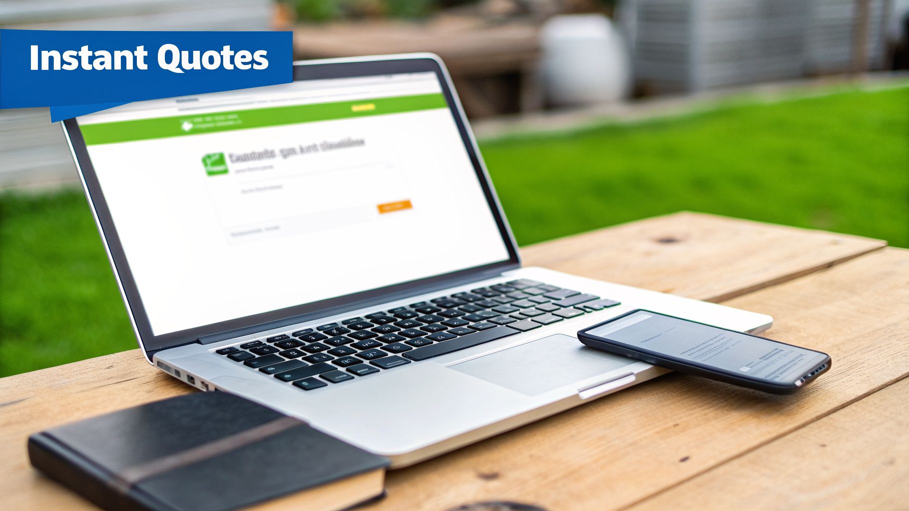 A laptop, smartphone, and notebook on a wooden outdoor table, with an 'Instant Quotes' banner.