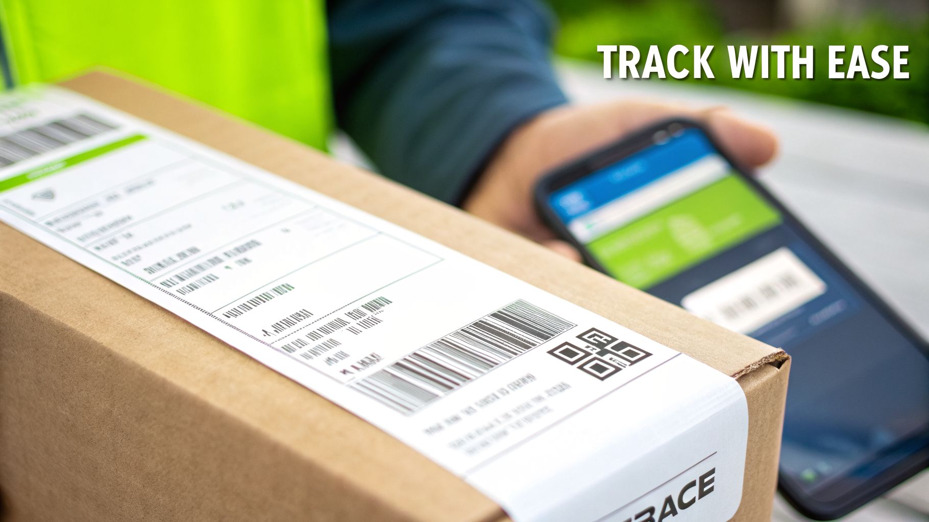 Close-up of a delivery person tracking a package with a smartphone, highlighting easy shipping.