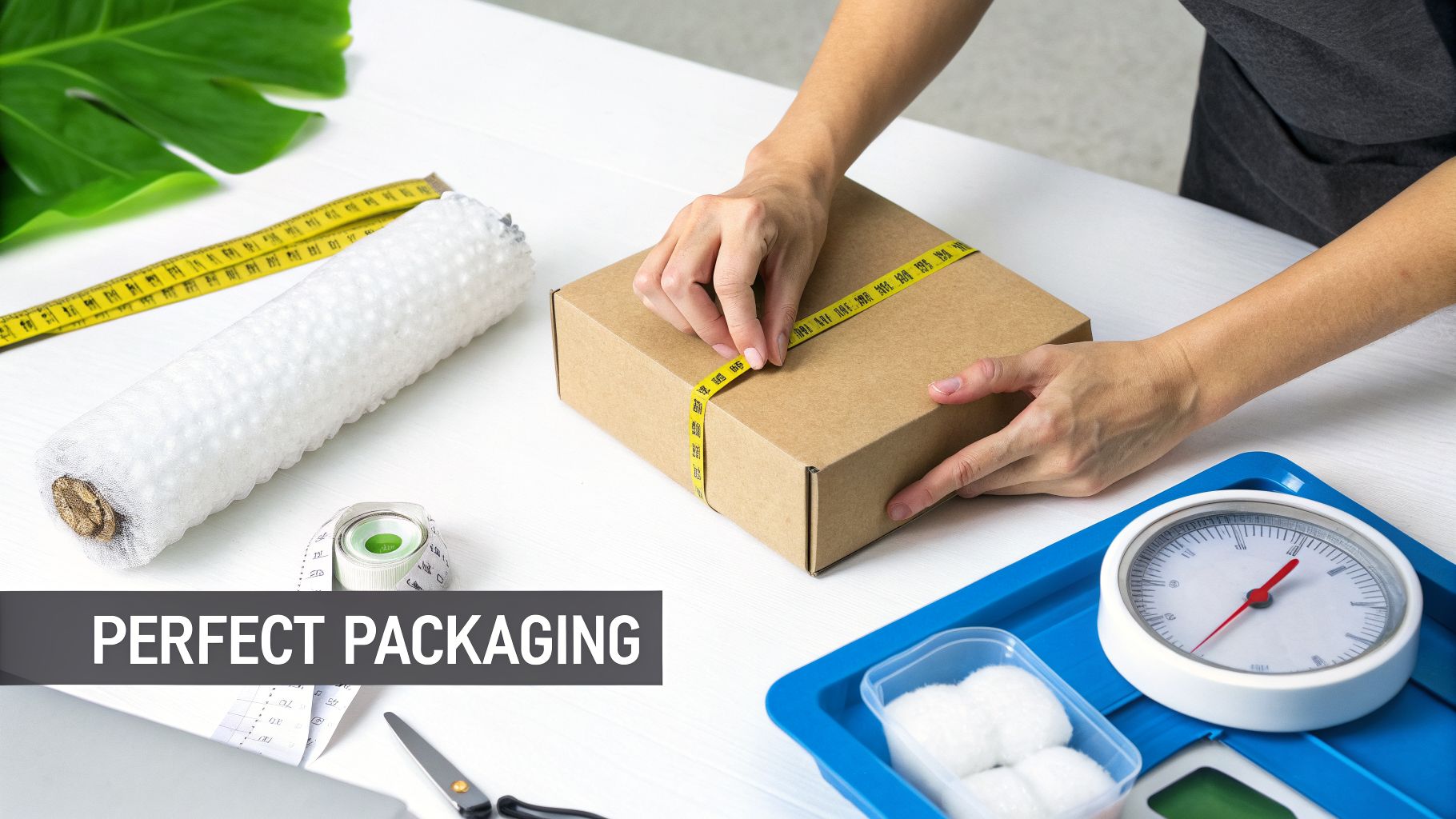 A person carefully measures a brown cardboard box with a yellow tape on a white desk, surrounded by packaging supplies.