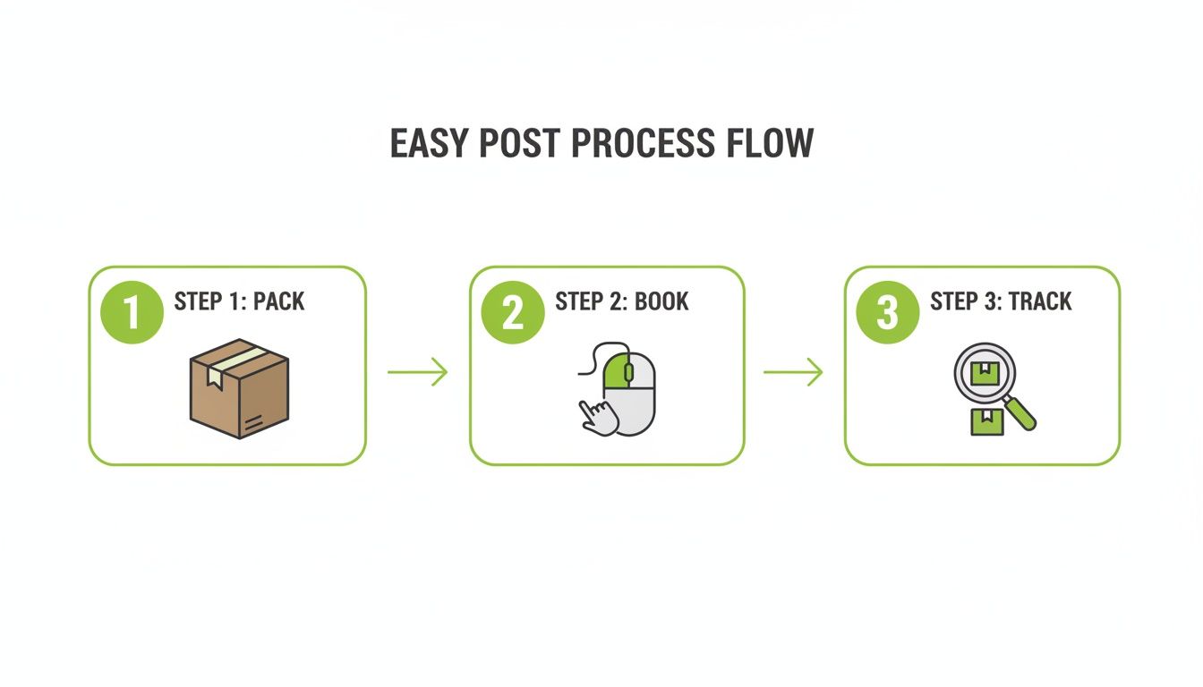 A three-step easy post process flow diagram showing pack, book, and track steps.