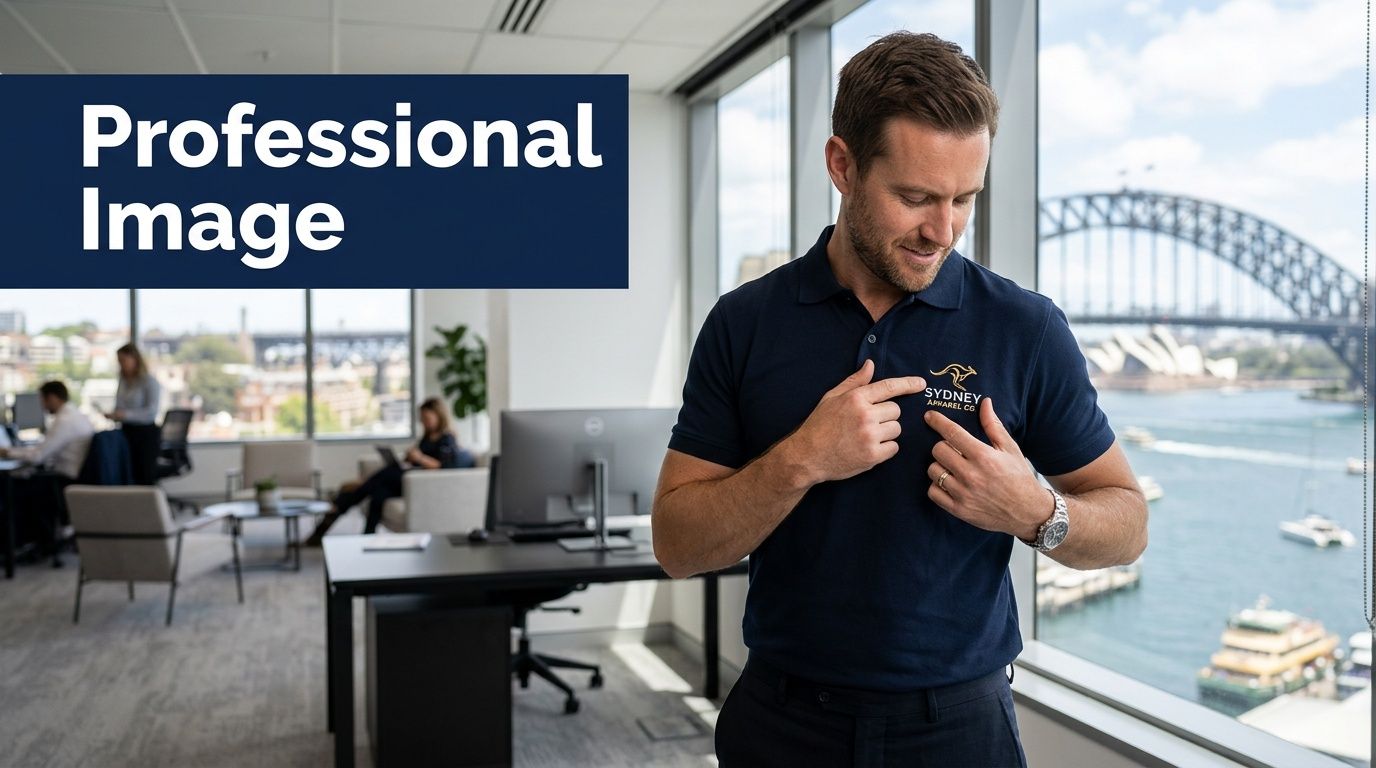 A professional man wearing a branded polo shirt points to the logo inside a modern Sydney office.