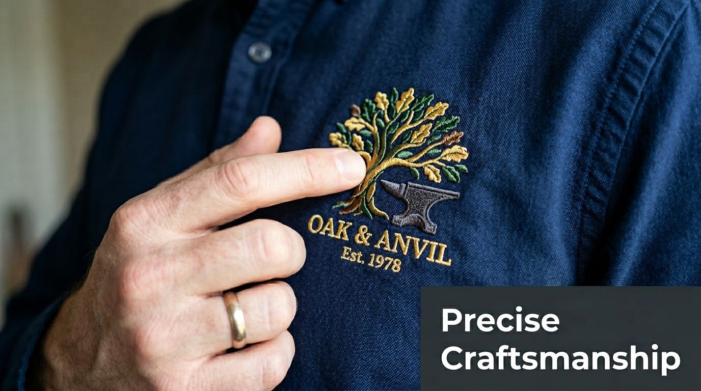 A close-up of a person pointing to a detailed Oak & Anvil embroidered logo on a blue shirt.