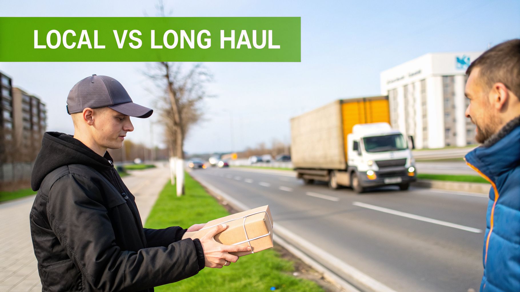 A courier delivers a package to a man, a long-haul truck in background, highlighting local vs long haul.