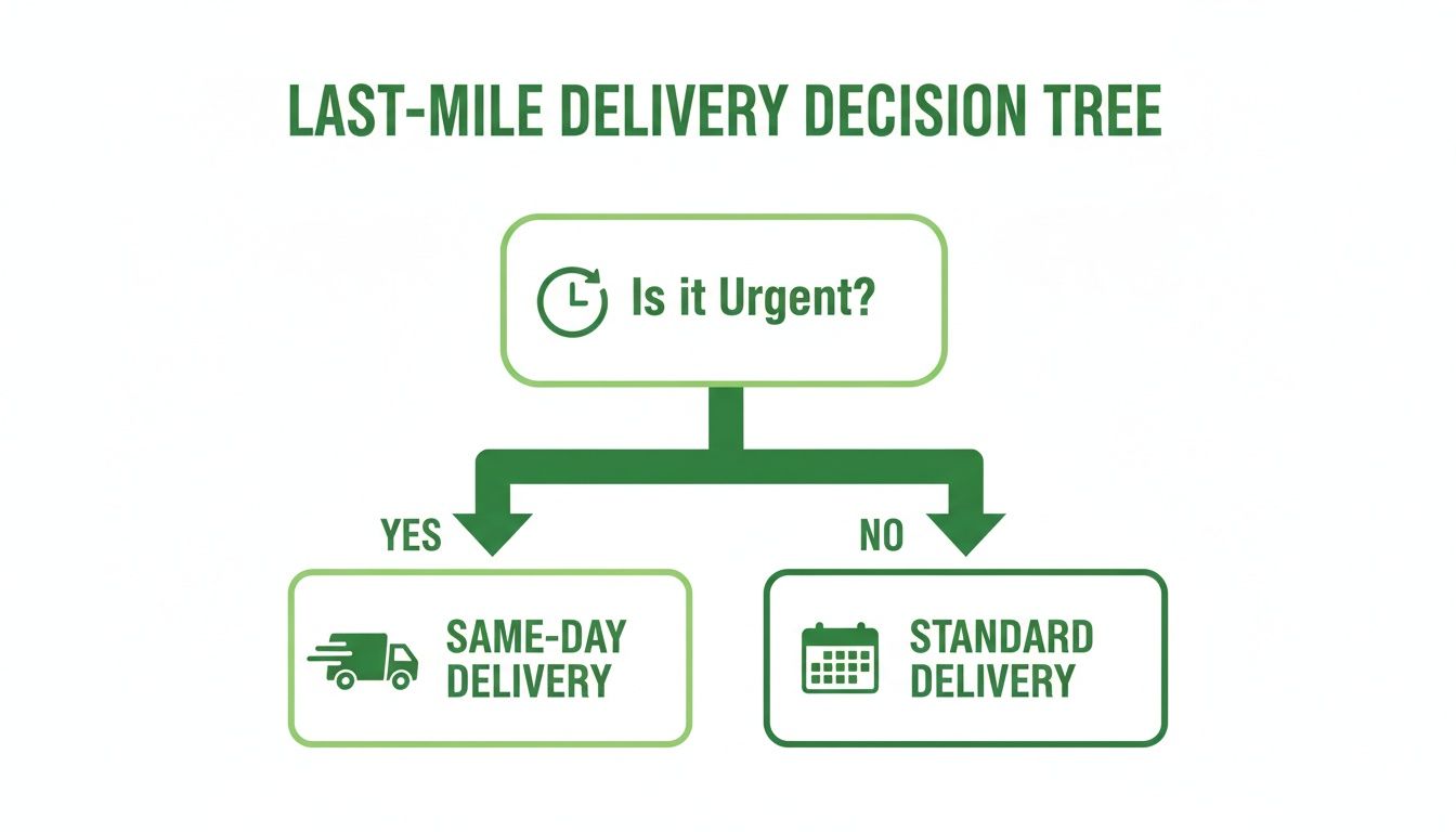 Last-mile delivery decision tree: choose same-day for urgent shipments, standard for non-urgent parcels.