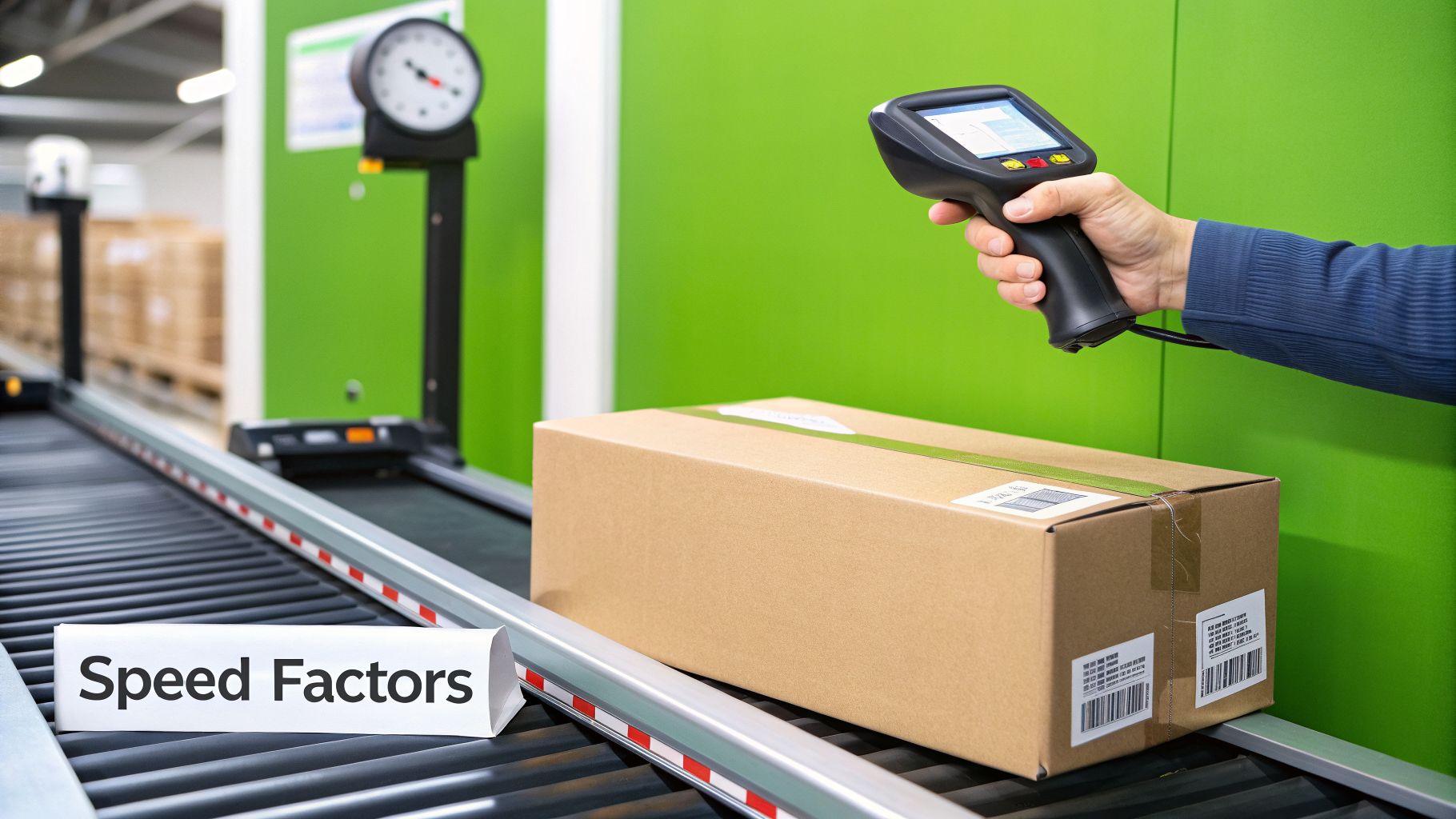 A hand scans a package on a conveyor belt in a warehouse, with 'Speed Factors' text.
