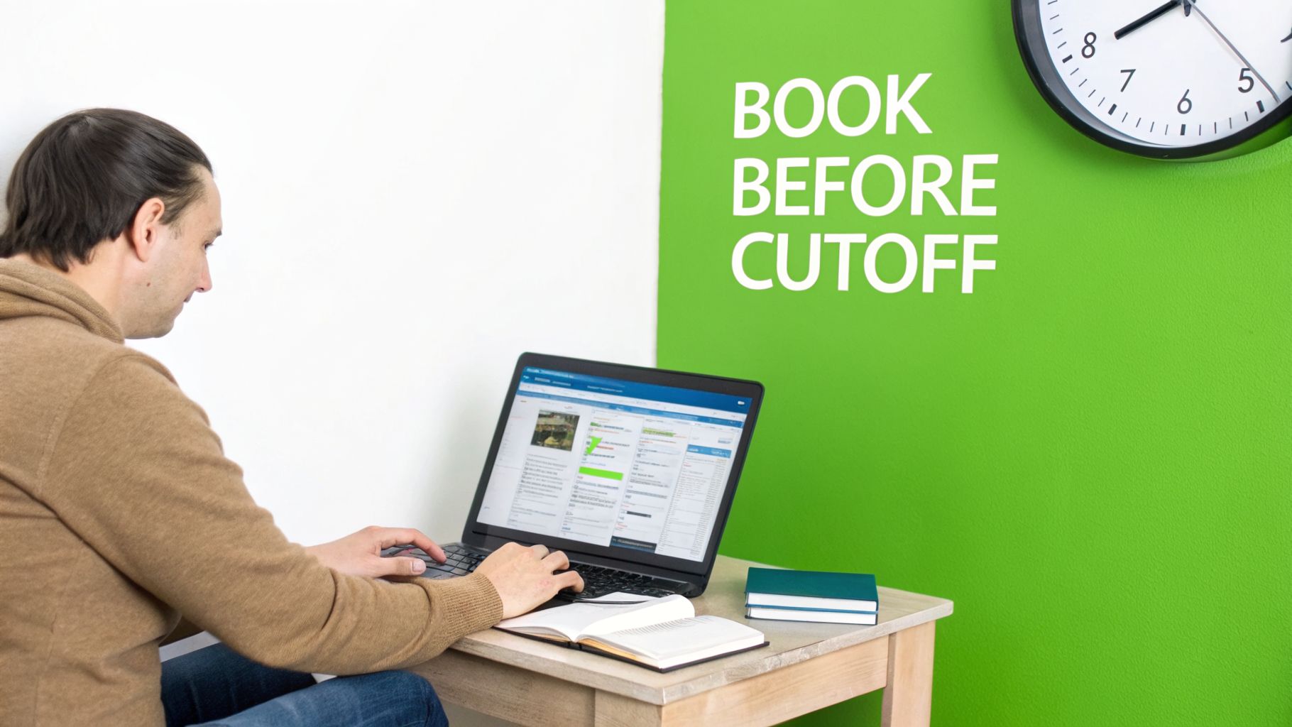 A man works on a laptop at a desk with books, next to a green wall displaying 'BOOK BEFORE CUTOFF'.