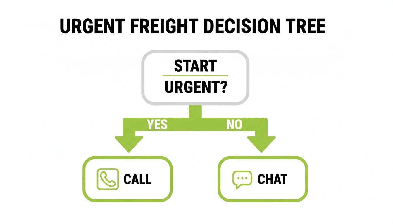 A decision tree flowchart titled 'Urgent Freight Decision Tree'. If 'Start Urgent?' is yes, the action is 'Call'. If no, the action is 'Chat'.