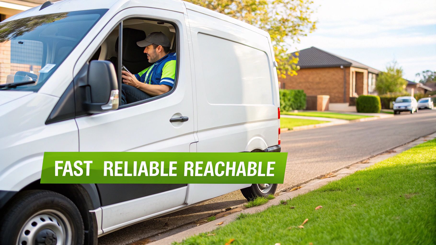 A delivery driver in a white van on a suburban street, holding a device. A green banner says "FAST RELIABLE REACHABLE".