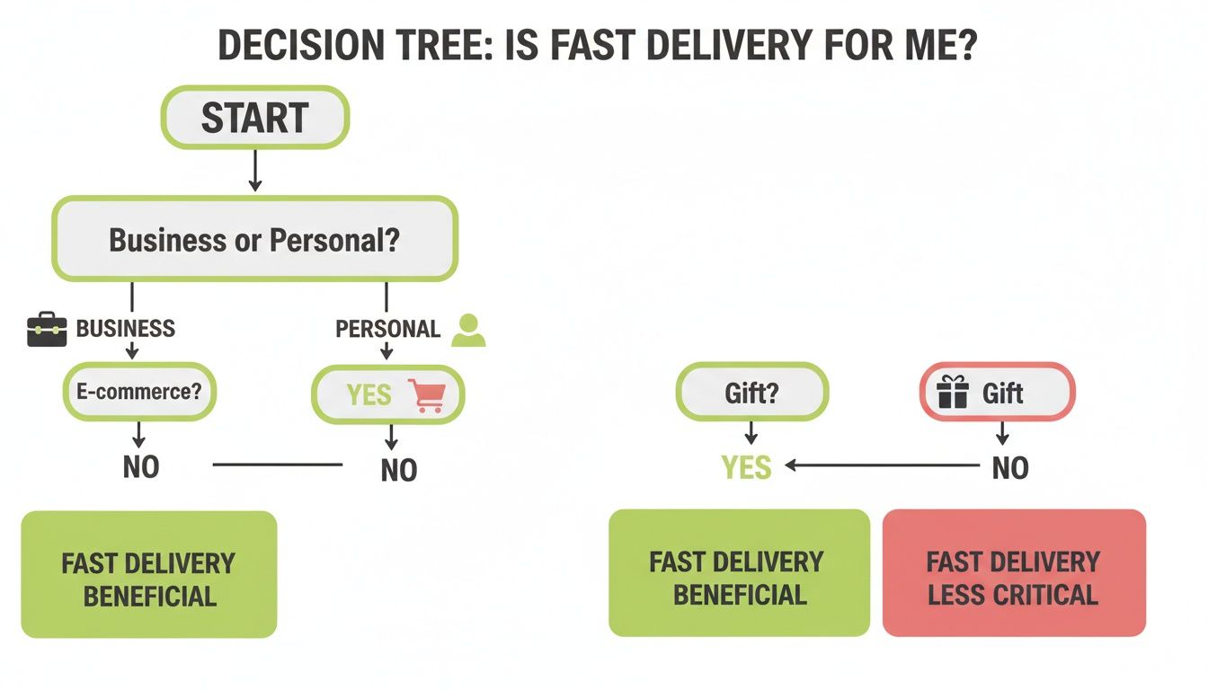 A decision tree flowchart titled 'Is Fast Delivery for Me?' detailing when fast delivery is beneficial for business or personal use.