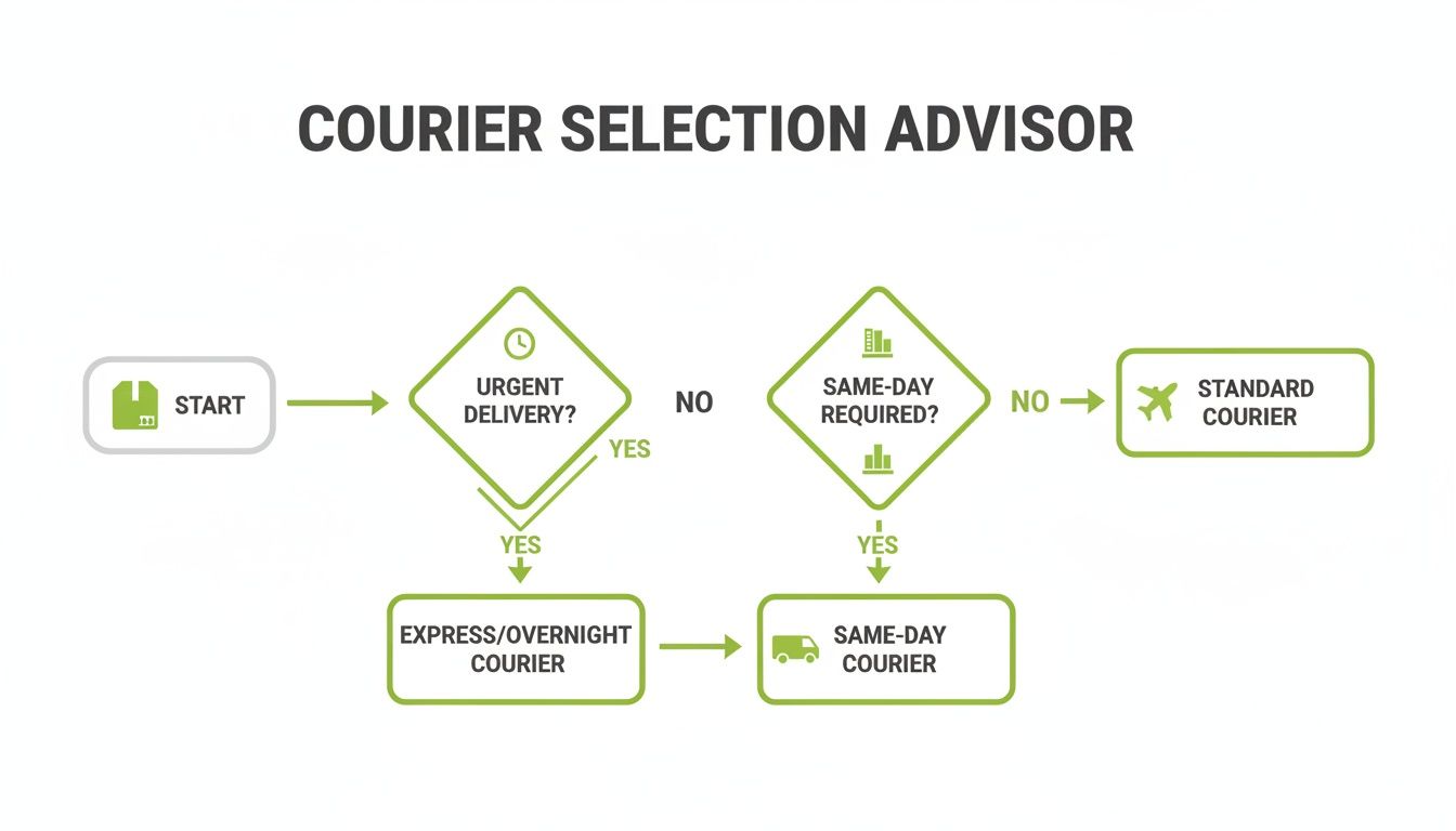A courier selection advisor flowchart guiding users to choose express, same-day, or standard delivery services.