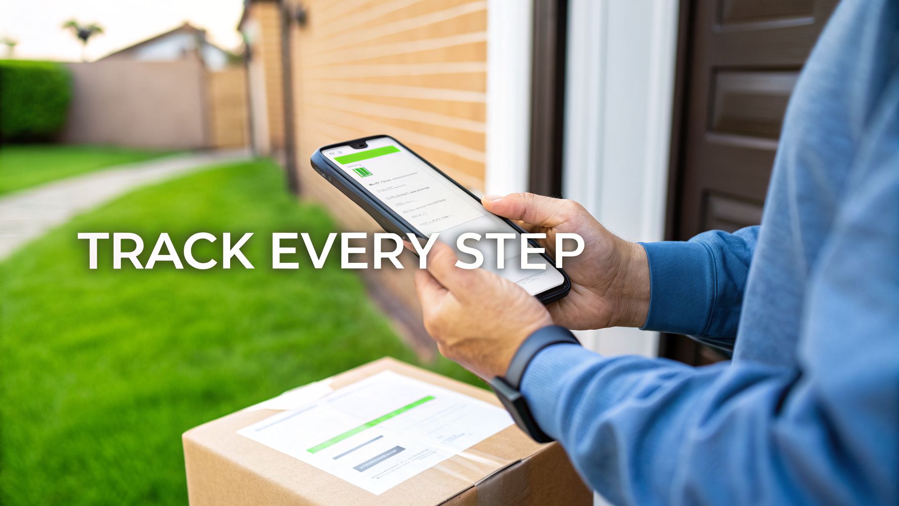 Hands holding a smartphone, tracking a package delivery with a cardboard box at home.
