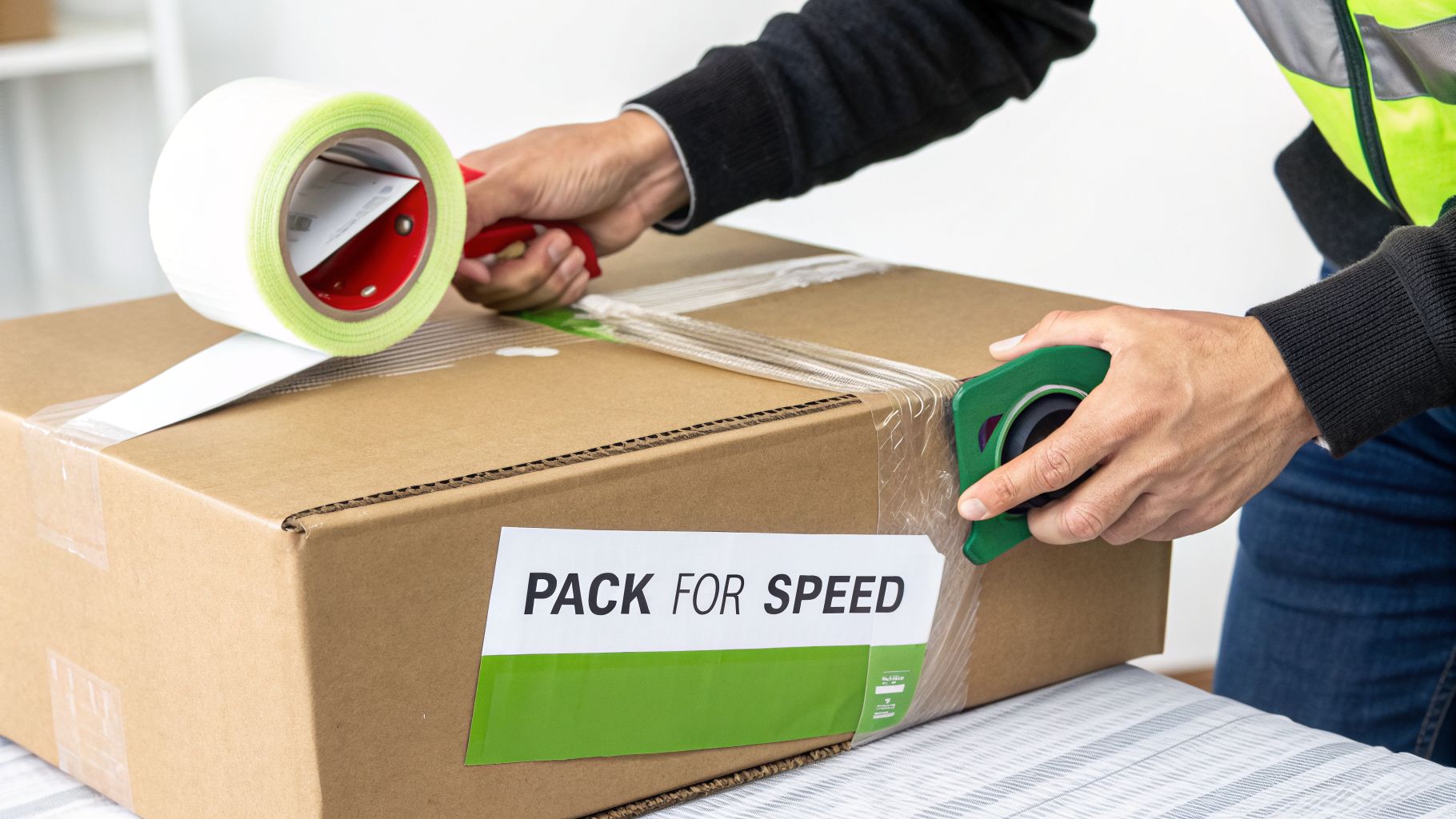 A person efficiently taping a brown cardboard box with a 'PACK FOR SPEED' label for fast delivery.