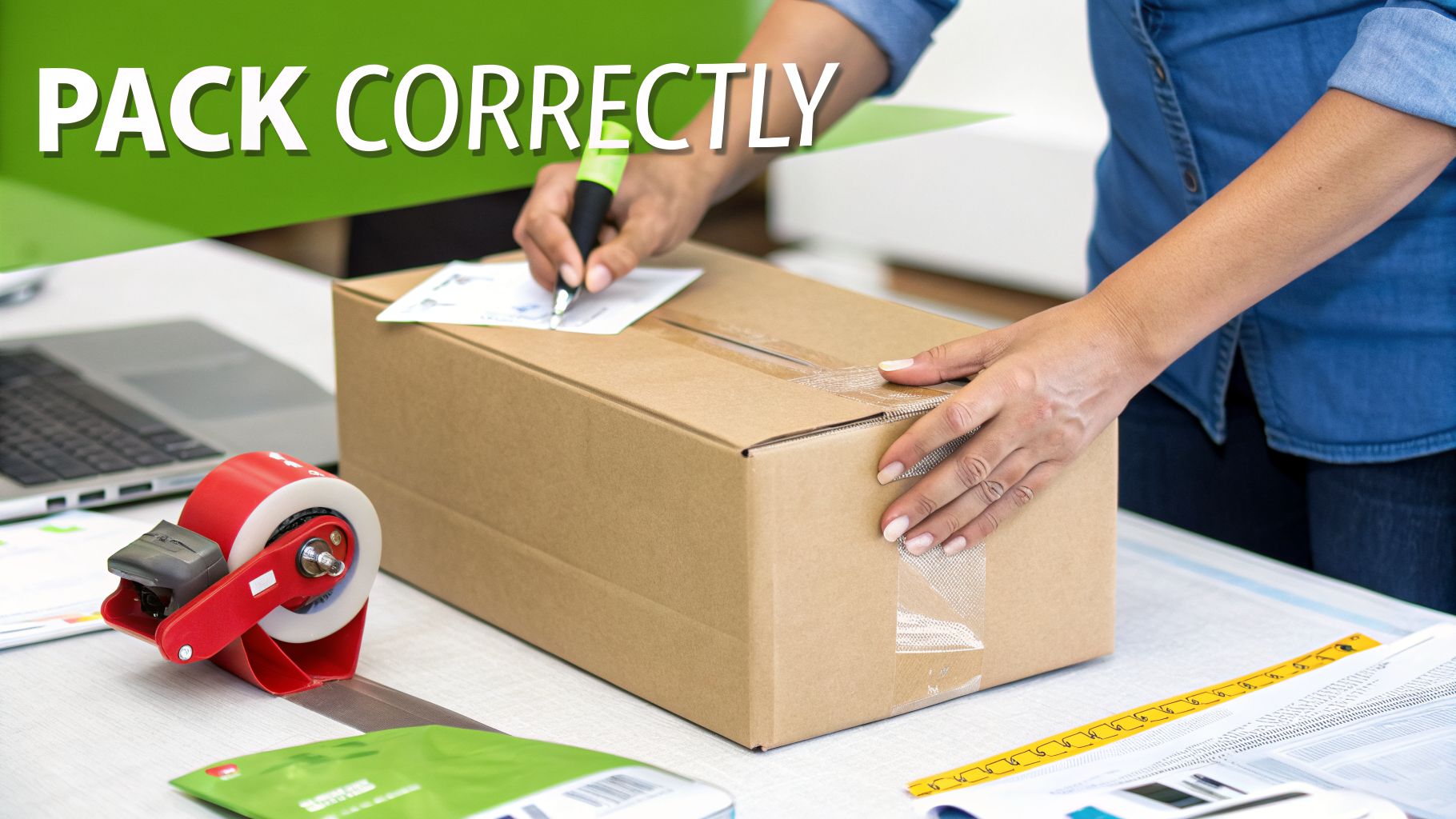 Person packing a cardboard box, writing on a label, with a tape dispenser and laptop on the table.