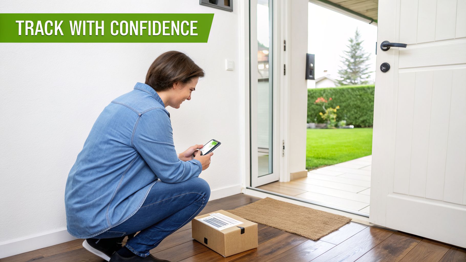Woman tracking a delivered package on her smartphone at home, standing by the open door.