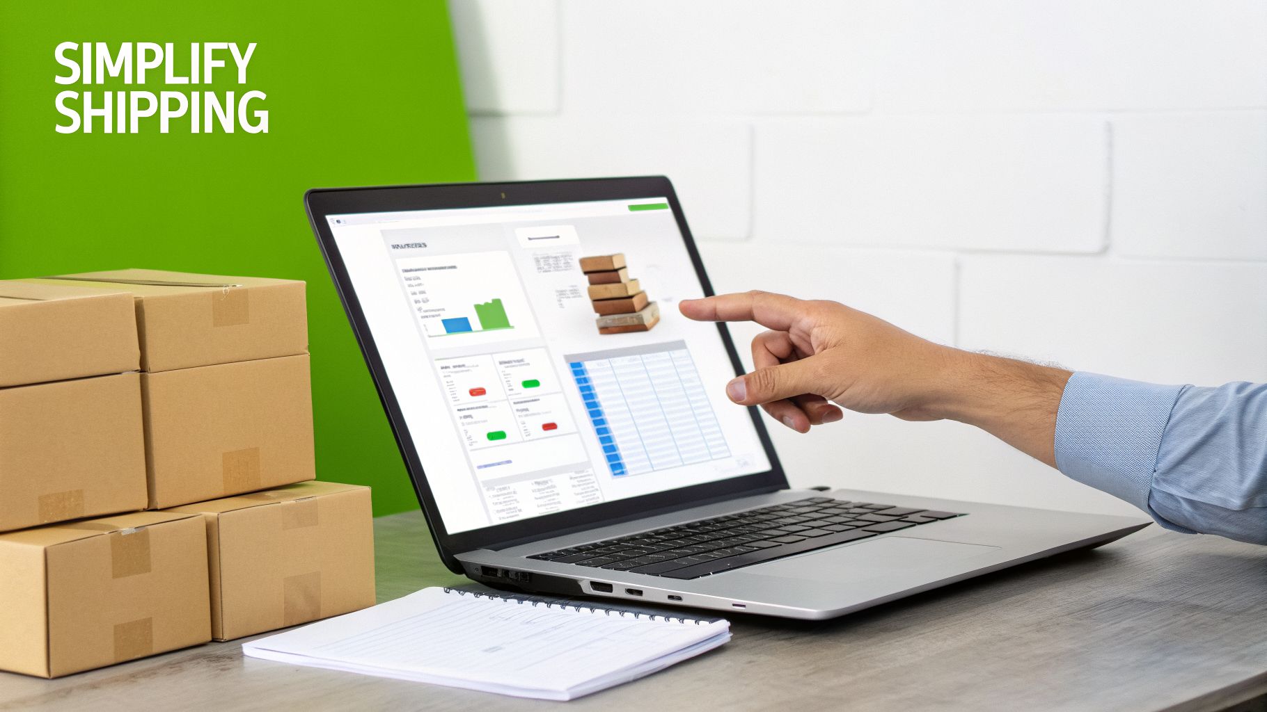 A person's hand points at a laptop screen displaying shipping logistics software with graphs and stacked boxes.