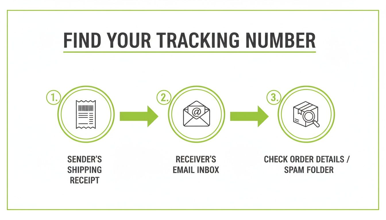 Infographic showing three steps to find a shipping tracking number: sender's receipt, email, or order details.