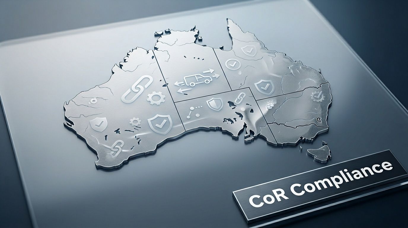 A 3D map of Australia featuring icons representing logistics, transportation, and regulatory compliance on a glass surface.