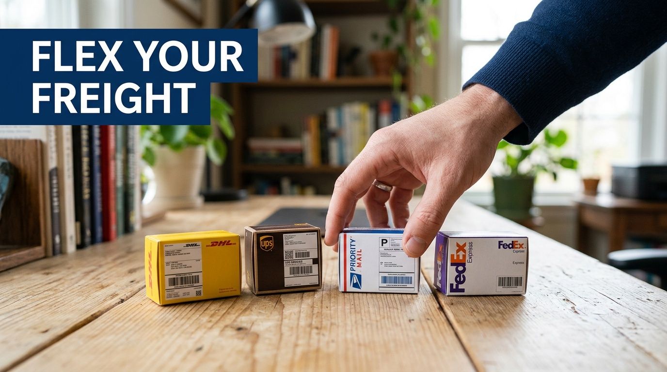 A person's hand placing a USPS Priority Mail shipping box next to other major delivery service parcels.