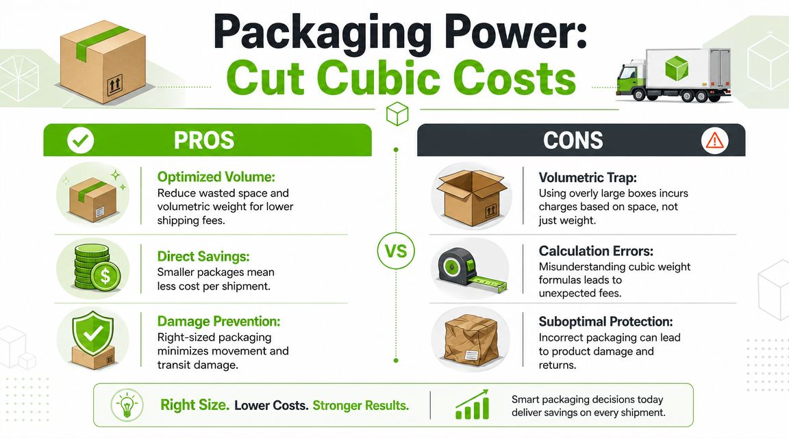 An infographic comparing the pros and cons of optimized packaging to reduce shipping and cubic costs.