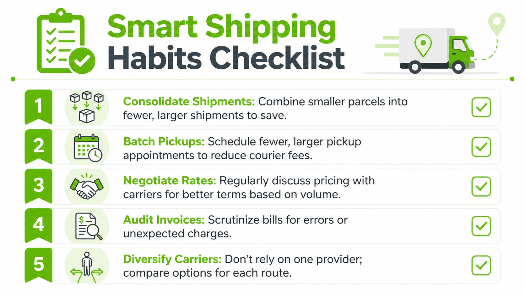 A five-point checklist titled Smart Shipping Habits for businesses to optimize logistics and reduce shipping expenses efficiently.