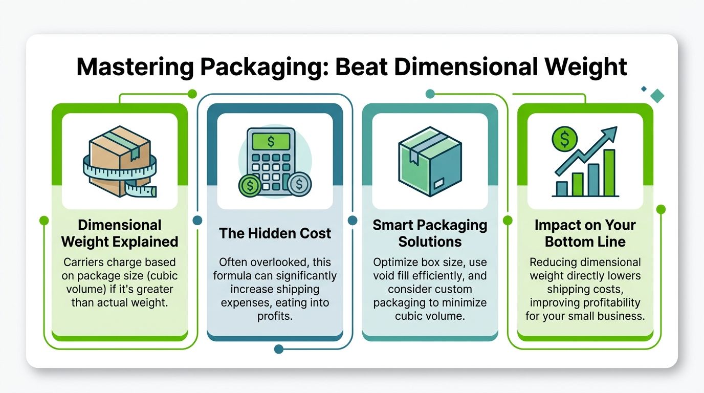 A four-step infographic explaining dimensional weight, hidden shipping costs, smart packaging solutions, and business profit impact.