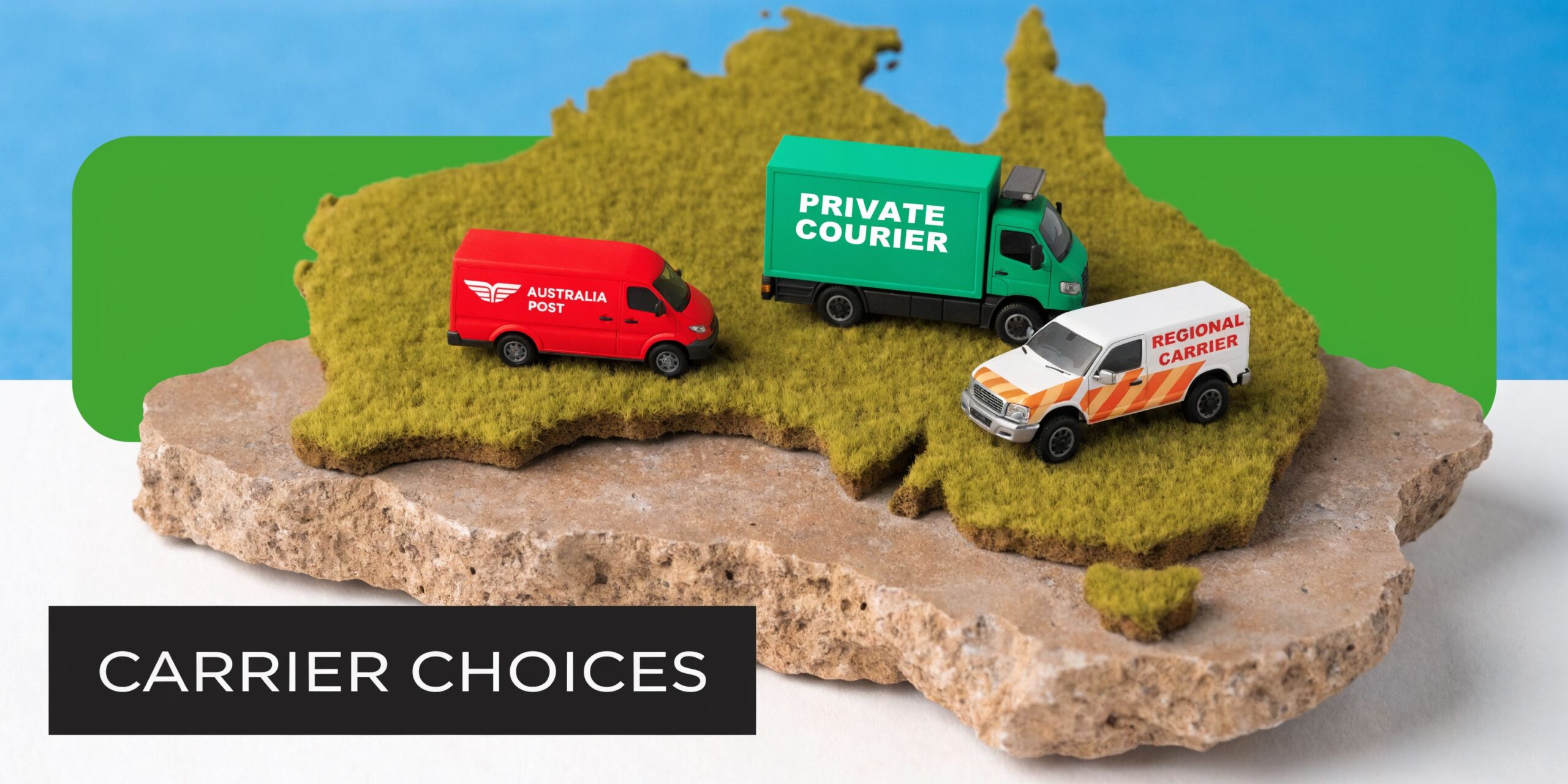 Miniature delivery vans representing different shipping carriers positioned on a model of the Australian continent map.