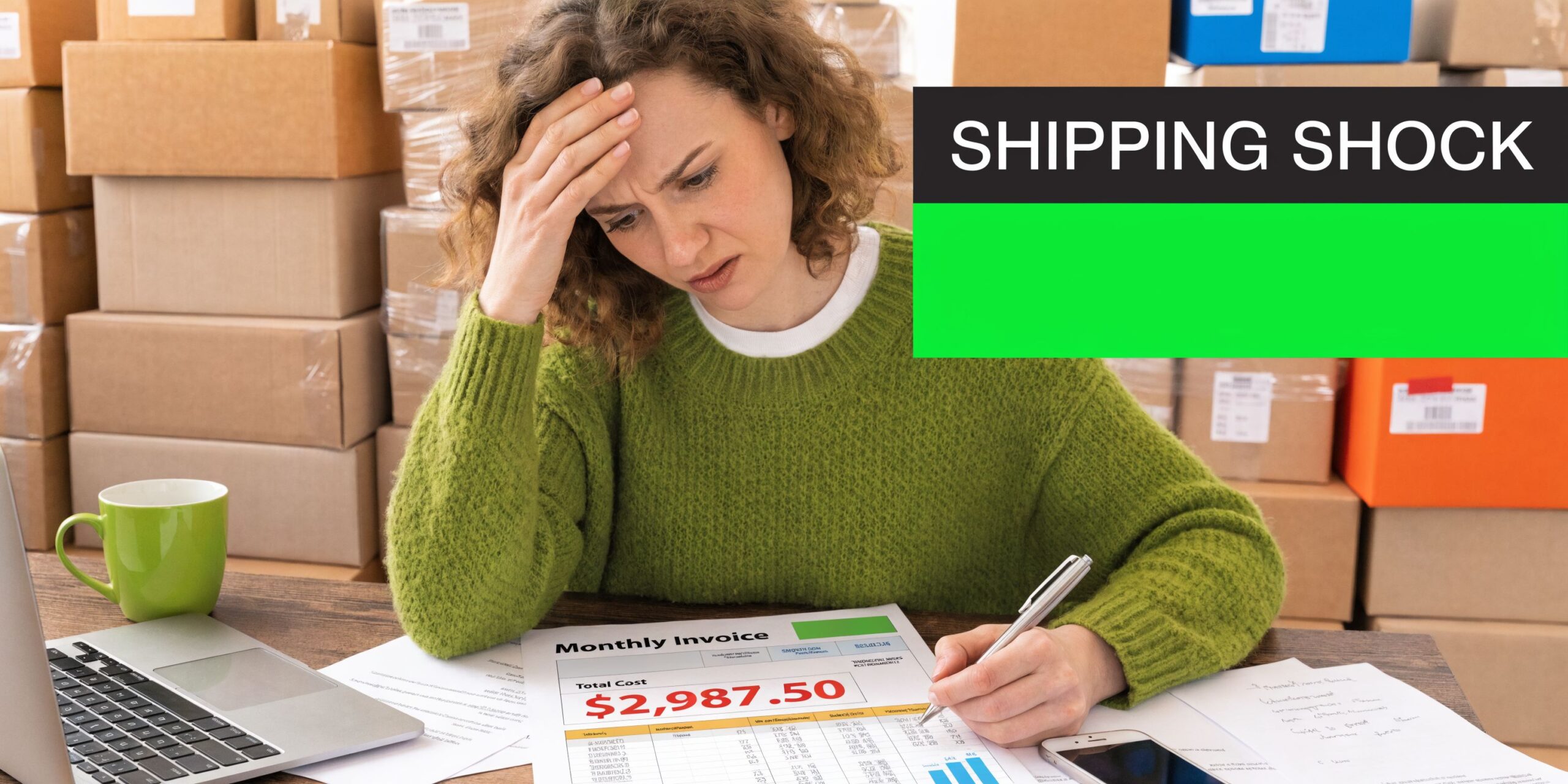 Stressed small business owner reviewing a high monthly shipping invoice in a warehouse filled with cardboard boxes.