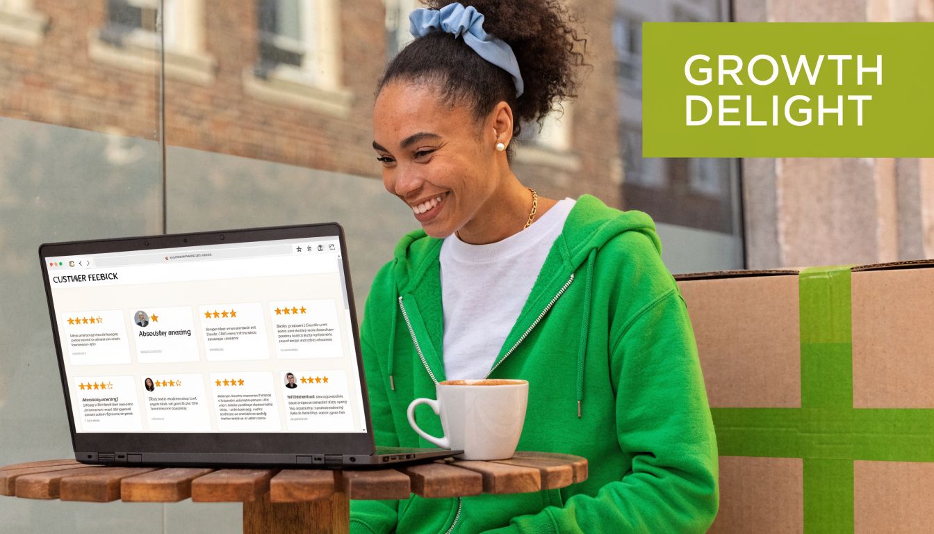 A happy woman in a green hoodie checks customer feedback on her laptop while enjoying a drink.