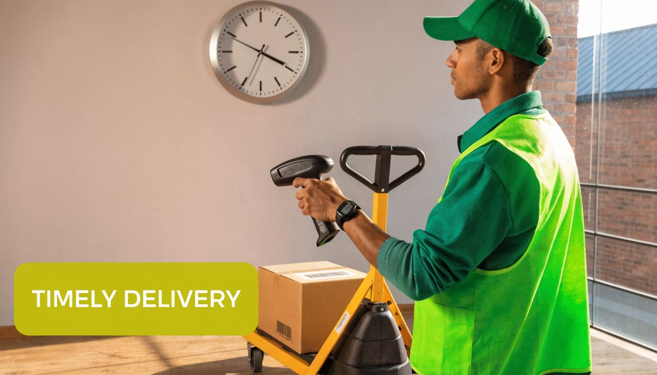 A delivery worker in a green uniform and cap scanning a parcel with a barcode scanner.