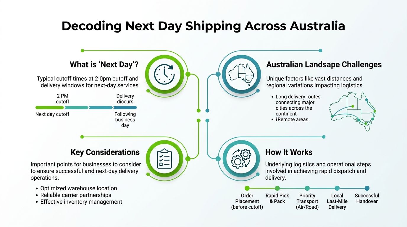 An infographic explaining the challenges and processes of next day shipping across the Australian logistics landscape.