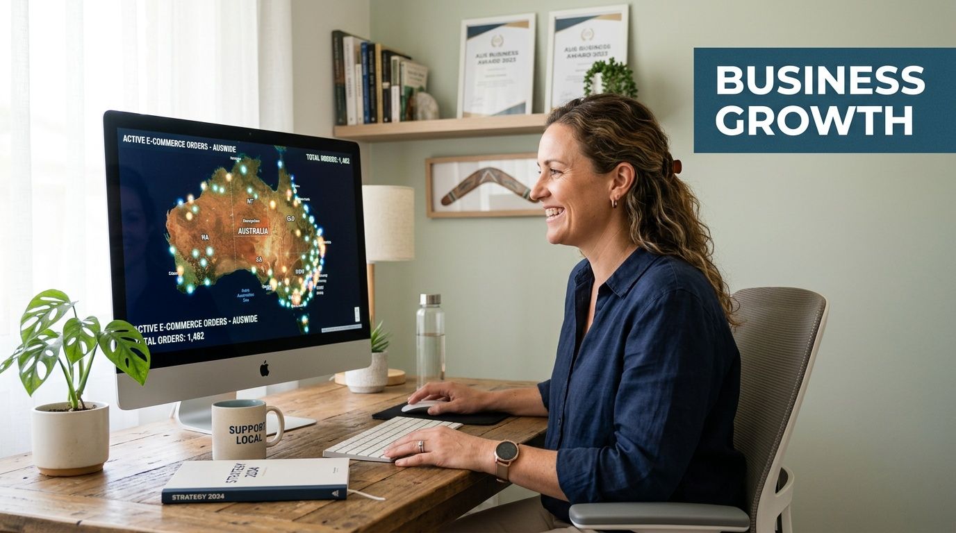 A woman working at her desk while viewing a map of e-commerce orders across Australia on her computer.