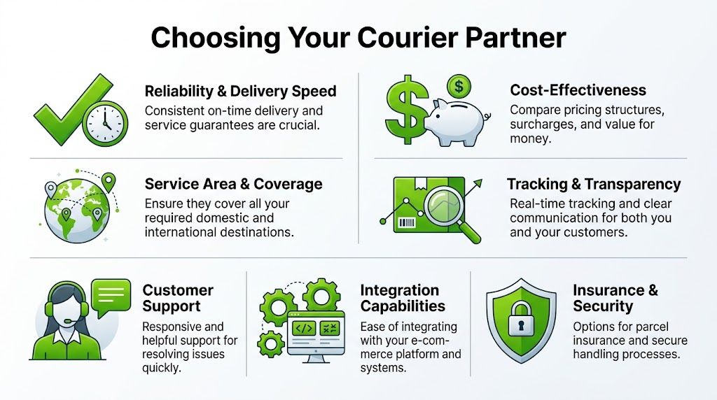An infographic titled Choosing Your Courier Partner highlighting six key factors for selecting a delivery service provider.