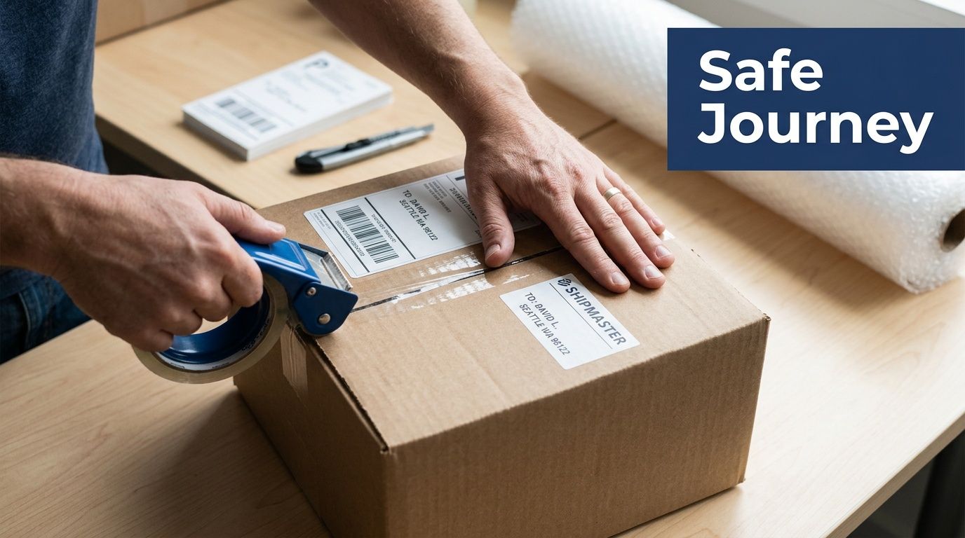 A person using a tape dispenser to securely seal a brown cardboard shipping box on a desk.