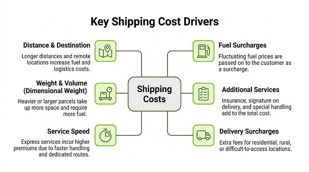 A diagram illustrating six primary drivers that influence shipping costs, including weight, distance, fuel, and services.