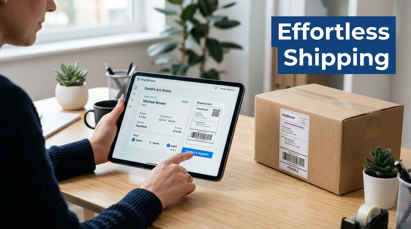 A person using a tablet to confirm a shipping label for a cardboard parcel on a desk.