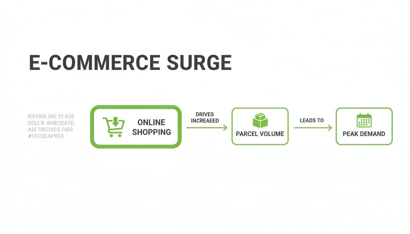 Flowchart showing how online shopping drives increased parcel volume, leading to peak demand in e-commerce.