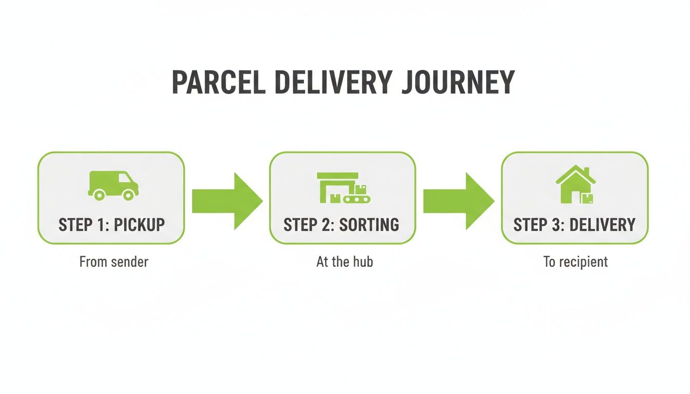 A diagram illustrates the parcel delivery journey with steps: pickup, sorting, and final delivery.