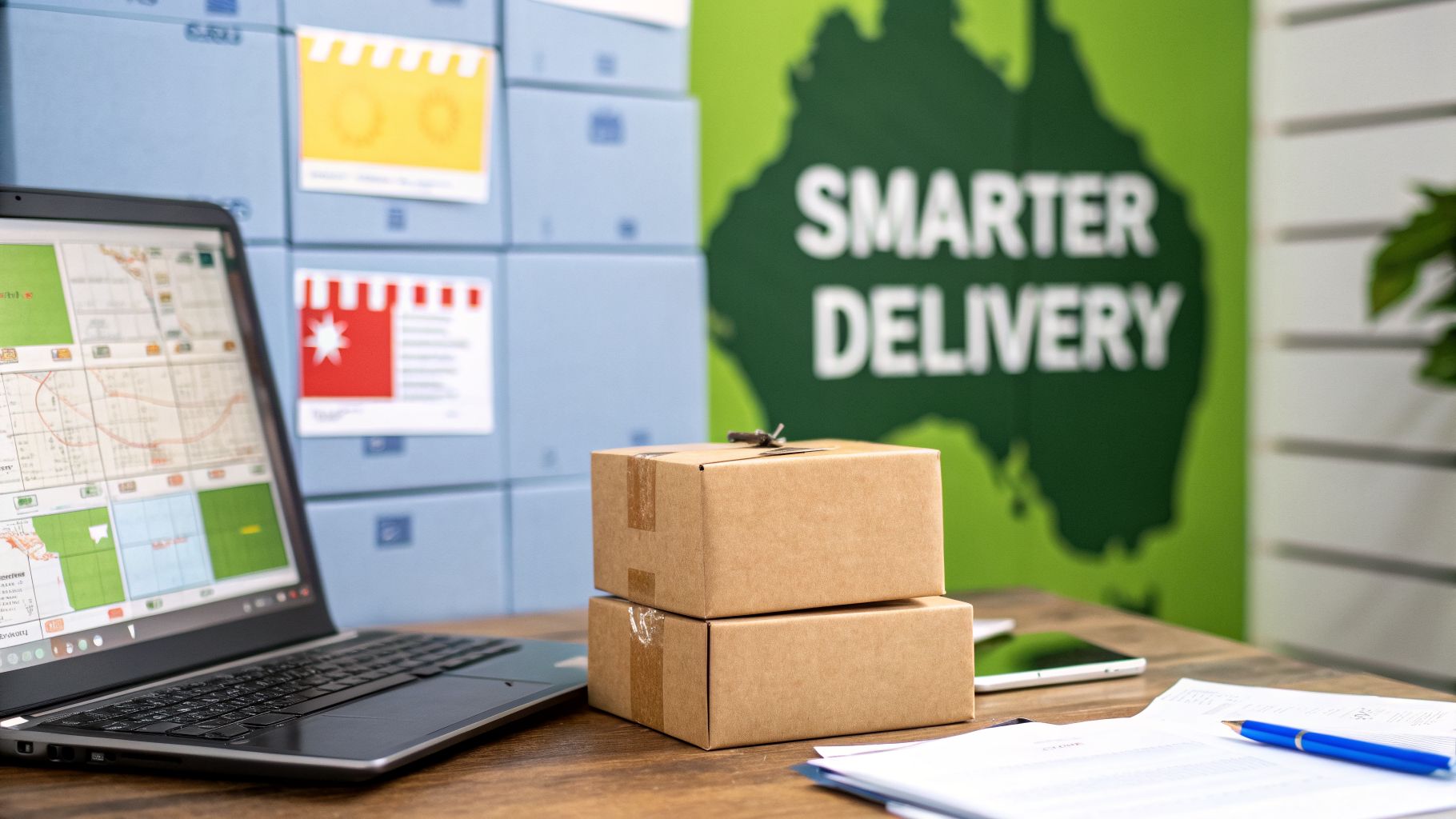 A desk with a laptop displaying a map, stacked parcels, and a 'Smarter Delivery' sign.