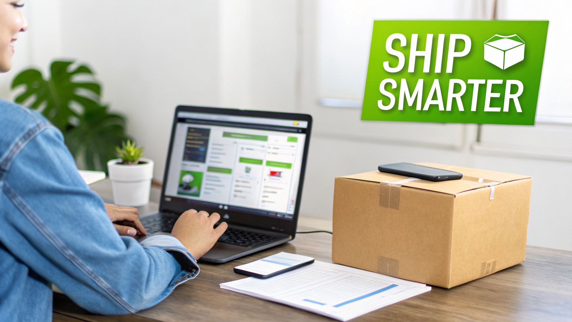 A person using a laptop for online parcel shipping, with a package and 'Ship Smarter' graphic.