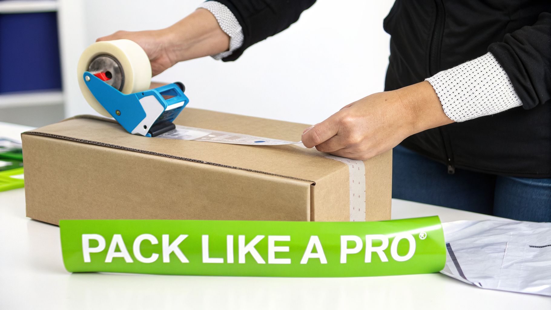 A person uses a blue tape dispenser to seal a brown cardboard box for secure parcel delivery.