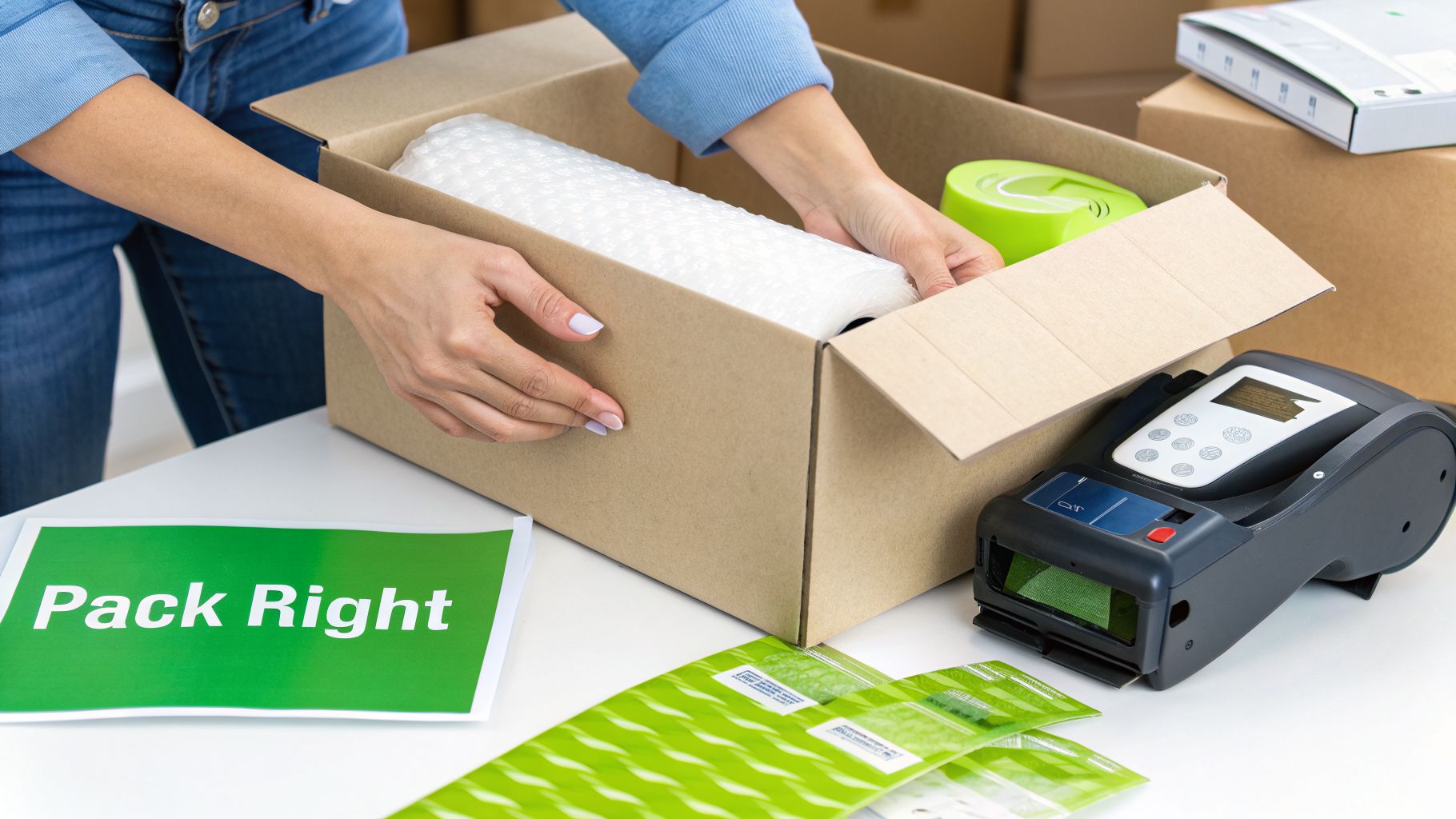 A person packing a cardboard box with bubble wrap and a green container, preparing a parcel for delivery.