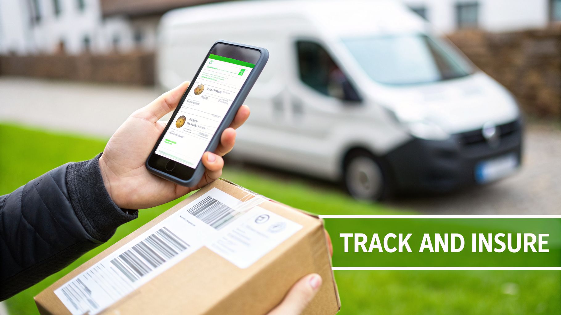 Person holding a smartphone tracking a parcel, with a delivery van in background and 'TRACK AND INSURE' text.