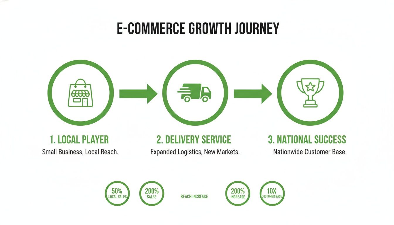 An infographic illustrating the e-commerce growth journey from local player to national success with key metrics.